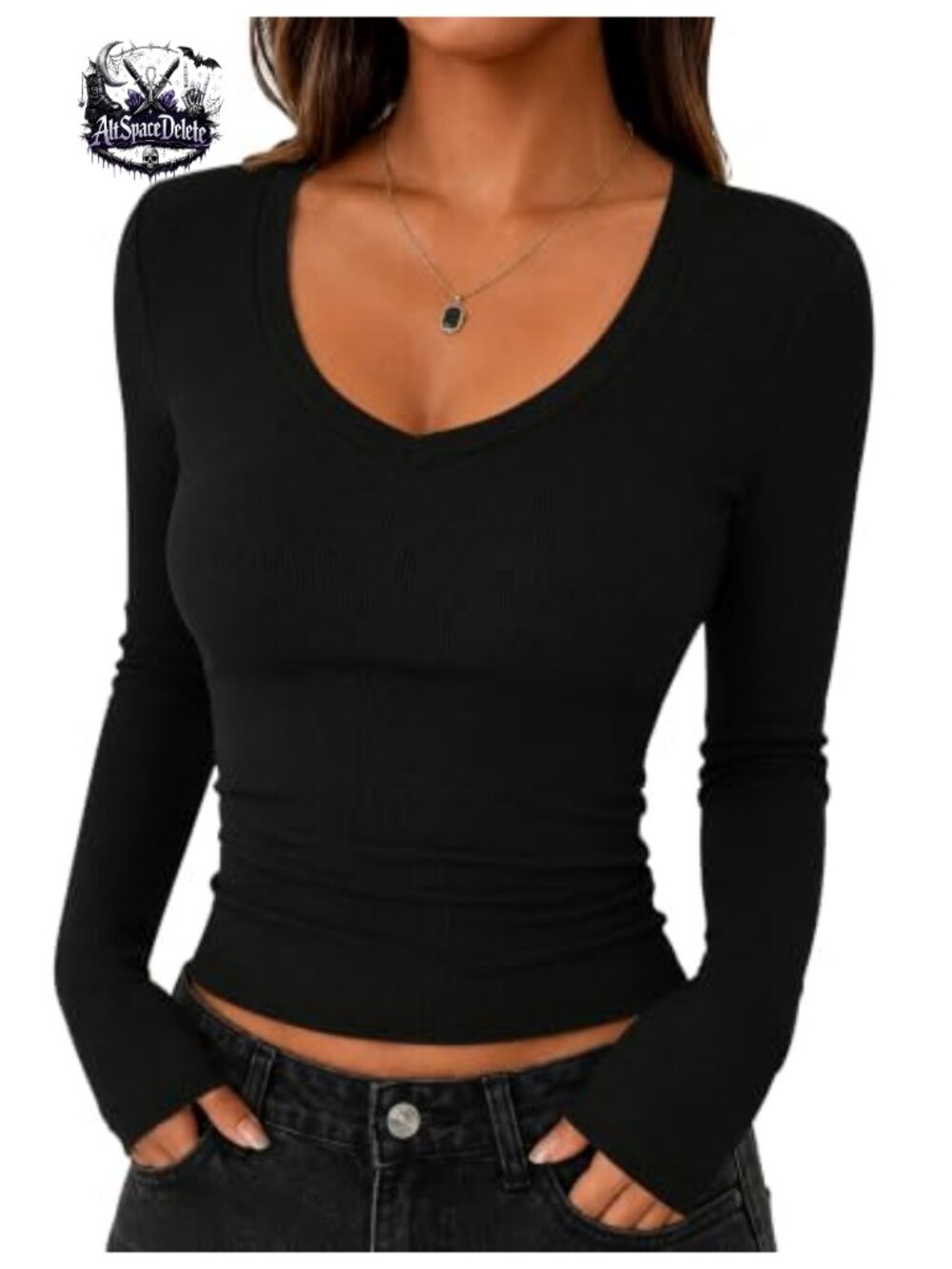 Ribbed Knit Long Sleeve Deep V Neck Slim Fit Crop Top